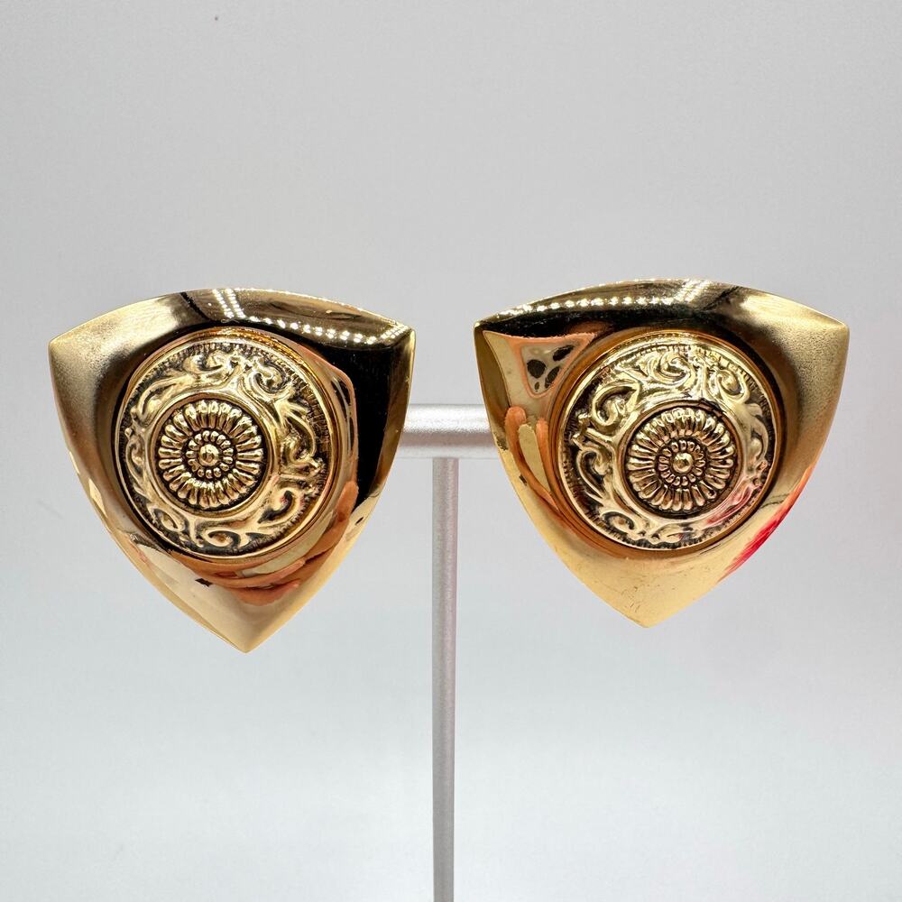 Vintage Big Medallion Shield Clip Earrings Triangle Gold Tone Runway Statement